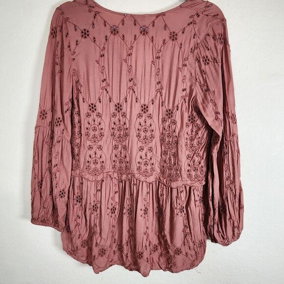 American Eagle XS Light Boho Blouse tassel tiered eyelets Floral Hippie Peplum - Picture 8 of 9